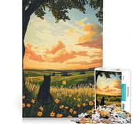 Rompecabezas de 1000 Piezas para Adultos: Gato en un Prado al Atardecer Juego práctico con Corte de precisión cumpleaños o para Cualquier ocasión 38x52cm