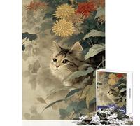 Rompecabezas de 1000 Piezas para Adultos Gato Entre crisantemos Arte Vintage Juegos Familiares para divertirse en Familia Decoración para el hogar Juguetes con póster y Hoja de Preguntas a Juego