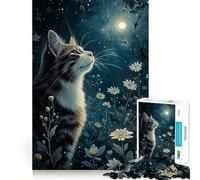 Rompecabezas de 1000 Piezas para Adultos Gato,Flor y Luna Juguete Decorativo para Construir y concentrarse Juego de Paz Regalo de cumpleaños (38x26cm)