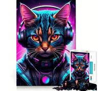 Rompecabezas de 1000 Piezas para Adultos Gato,Gatito,Neón,Gamer,Corte nítido,Manualidades,Enfoque,Juego,Regalo,Tiempo Libre,Juego,Escena navideña,Arte (50x75cm)