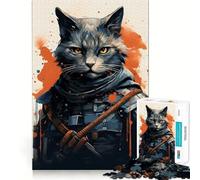 Rompecabezas de 1000 Piezas para Adultos Gato,Guerrero Japonés,Corte Exacto,Arte,Juego Creativo,Ocio,Divertido,Regalo de Cumpleaños (50x75cm)
