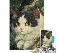 Rompecabezas de 1000 Piezas para Adultos Gato japonés en Blanco y Negro Juego Relajante decoración de Pared cumpleaños y Navidad (tamaño 38x26cm)