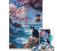 Rompecabezas de 1000 Piezas para Adultos: Gato Junto al mar con Puerta Torii Juguete Educativo Ideal para Relajarse y Disfrutar del Mundo Amantes de los Juegos