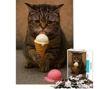 Rompecabezas de 1000 Piezas para Adultos Gato lamiendo un Cono de Helado Divertido Juego Educativo Juguete desafiante Gran Regalo Desafío difícil (Tamaño 50x75cm)