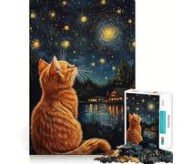 Rompecabezas de 1000 Piezas para Adultos Gato Mirando Las Estrellas Junto al Lago Arte de Corte preciso Juego Creativo Juguete para Relajarse Tranquilo (50x75cm)