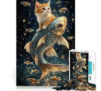 Rompecabezas de 1000 Piezas para Adultos Gato Montando un pez Gigante,Juego de Corte sin Costuras,Juguete para Resolver Problemas,Juego Casual,Escena navideña (38x52cm)