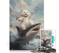 Rompecabezas de 1000 Piezas para Adultos Gato Montando un tiburón,Arte de Corte Exacto,Juego Creativo,Juguete,Juego para Relajarse, Tranquilo (50x75cm)