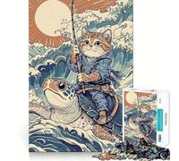 Rompecabezas de 1000 piezas para adultos Gato montando una tortuga sobre las olas Diseño de corte preciso Divertido rompecabezas Regalo ideal para el tiempo libre y para la decoración navideña 50x75cm