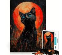 Rompecabezas de 1000 Piezas para Adultos Gato Negro bajo la Luna de Sangre Juego de Bordes limpios,Juego de lógica,Juego de Entretenimiento,decoración navideña 38x52cm