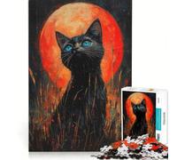 Rompecabezas de 1000 Piezas para Adultos: Gato Negro bajo la Luna de Sangre Juego práctico, Ideal para Reducir el estrés cumpleaños 38x26cm