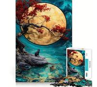 Rompecabezas de 1000 Piezas para Adultos Gato Negro bajo un árbol Rojo Junto al Agua Juego de ingenio,Regalo para Relajarse,diversión de cumpleaños 50x75cm