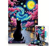 Rompecabezas de 1000 Piezas para Adultos Gato Negro bajo una Noche Estrellada Arte de Corte Fino Juego de concentración Mental,Juego para Momentos de Tranquilidad,Actividad de cumpleaños 38x26cm