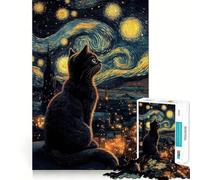Rompecabezas de 1000 Piezas para Adultos Gato Negro bajo una Noche Estrellada Juego de Bordes limpios,Juego de lógica,Juego de Entretenimiento,decoración navideña 38x52cm