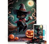Rompecabezas de 1000 Piezas para Adultos Gato Negro,Bruja,Halloween,Piezas de Corte Limpio,Actividad Cerebral Inteligente,diversión para Momentos tranquilos,Regalo artístico de cumpleaños 50x75cm