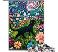 Rompecabezas de 1000 Piezas para Adultos: Gato Negro Caminando Entre Las Flores Rompecabezas de 1000 Piezas para decoración de Pared del hogar y Juego Familiar (tamaño 26x38cm)