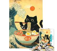 Rompecabezas de 1000 Piezas para Adultos Gato Negro Comiendo Ramen con una Gran Ola Diversión en casa Juego práctico para Toda la Familia Ideal para Mayores de 14 años (38x26cm)