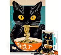 Rompecabezas de 1000 Piezas para Adultos Gato Negro Comiendo Ramen,Juego de Bordes, Juego cognitivo,Regalo,Juego de Ocio,Actividad de cumpleaños (38x52cm)