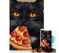 Rompecabezas de 1000 Piezas para Adultos Gato Negro Comiendo una Rebanada de Pizza Juego de ingenio,Divertido y Casual (50x75cm)