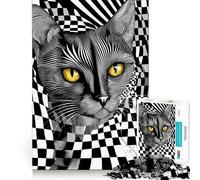 Rompecabezas de 1000 Piezas para Adultos Gato Negro con Fondo a Cuadros Ideal para decoración,Juego cognitivo Divertido,Juego de Paz o Actividad de cumpleaños 50x75cm