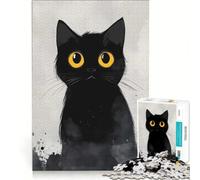 Rompecabezas de 1000 Piezas para Adultos: Gato Negro con Grandes Ojos Amarillos, Juego Familiar, interacción Entre Padres e Hijos, cumpleaños y Navidad 38x26cm