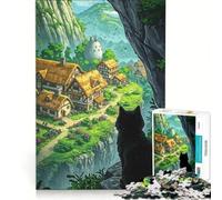 Rompecabezas de 1000 Piezas para Adultos: Gato Negro contemplando un Pueblo fantástico Juego de ingenio, antiestrés Cada Pieza es única 38x26cm