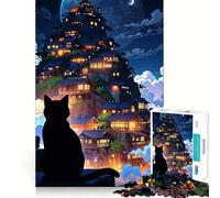 Rompecabezas de 1000 Piezas para Adultos Gato Negro contemplando un Pueblo japonés Juego de Ajuste preciso,Regalo para ejercitar la Mente,Momento de Juego Relajante,diversión de cumpleaños 50x75cm