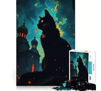 Rompecabezas de 1000 Piezas para Adultos Gato Negro e Iglesia de Europa del Este Ideal para decoración Juego de concentración Mental Juego Relajante Escena navideña Arte (38x52cm)