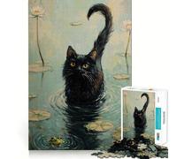 Rompecabezas de 1000 Piezas para Adultos Gato Negro en el Estanque Decoración Elegante y Funcional,Juego Divertido y lúdico,Ideal para cumpleaños 38x52cm