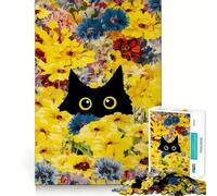 Rompecabezas de 1000 Piezas para Adultos Gato Negro en un Campo de Flores Amarillas Juego de Ajuste Perfecto,Regalo para ejercitar la Mente,Momento de Juego Relajante,diversión de cumpleaños 38x52cm