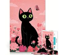 Rompecabezas de 1000 Piezas para Adultos Gato Negro en un Campo de Flores Rosas Juguete Decorativo de construcción Juego de Paz Regalo de cumpleaños (38x26cm)