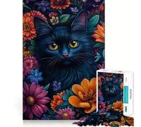 Rompecabezas de 1000 Piezas para Adultos Gato Negro en un jardín Floral,Ajuste, Arte,Juego Mental,Regalo,Juego Lento,decoración navideña para Pared (50x75cm)