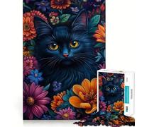 Rompecabezas de 1000 Piezas para Adultos Gato Negro en un jardín Floral Arte de Corte preciso Juego Creativo para ejercitar la Mente Juego de Ocio Divertido Regalo de cumpleaños (38x52cm)