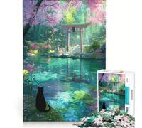 Rompecabezas de 1000 Piezas para Adultos: Gato Negro en un Santuario con Estanque de cerezos en Flor Juego práctico, difícil y desafiante Ideal para Decorar el Escritorio 38x52cm