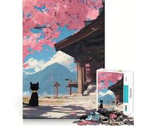 Rompecabezas de 1000 Piezas para Adultos Gato Negro en un Santuario japonés Ideal para decoración,Juego para concentrarse,Juego Relajante,Escena navideña (38x26cm)