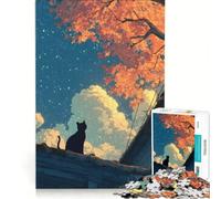 Rompecabezas de 1000 Piezas para Adultos: Gato Negro en un tejado bajo el Cielo otoñal, decoración de Pared, dificultad Alta, cumpleaños y Navidad 38x26cm