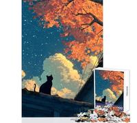 Rompecabezas de 1000 Piezas para Adultos Gato Negro en un tejado bajo el Cielo otoñal Rompecabezas de 1000 Piezas Juego Imposible Regalo para cumpleaños Un Reto difícil (38x52cm)