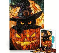 Rompecabezas de 1000 Piezas para Adultos Gato Negro en una Calabaza con vidriera Juego de Ajuste preciso,Regalo para ejercitar la Mente,Momento de Juego Relajante,diversión de cumpleaños 38x26cm