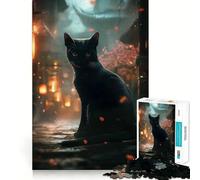 Rompecabezas de 1000 Piezas para Adultos Gato Negro en una Ciudad asiática Juego Divertido para desarrollar la Mente y el Pensamiento Ideal para el Tiempo Libre y para Celebrar cumpleaños (38x52cm)