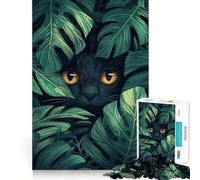 Rompecabezas de 1000 Piezas para Adultos Gato Negro Entre Hojas Tropicales,diseño de Corte Fino,Juego de concentración Mental,Juego para Momentos de Tranquilidad,Actividad de cumpleaños 50x75cm