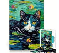 Rompecabezas de 1000 Piezas para Adultos Gato Negro Entre nenúfares,Arte de Corte Fino,Juego de concentración Mental,Juego para Momentos de Tranquilidad,Actividad de cumpleaños 50x75cm