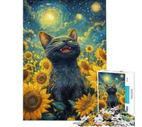 Rompecabezas de 1000 Piezas para Adultos Gato Negro Feliz en un Campo de Girasoles Rompecabezas para Adultos Juguete Decorativo para Pared Un desafío difícil Toda la Familia