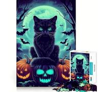 Rompecabezas de 1000 Piezas para Adultos Gato Negro,Halloween,Corte preciso,Manualidades,Juego de concentración,Regalo,Juego de Ocio,Escena navideña,Arte (38x26cm)