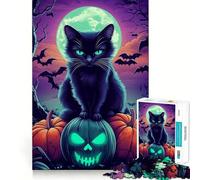 Rompecabezas de 1000 Piezas para Adultos,Gato Negro,Halloween,decoración Elegante,Juguete para ejercitar la Mente,diversión Casual, (38x52cm)