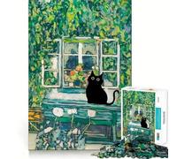 Rompecabezas de 1000 Piezas para Adultos Gato Negro Junto a la Ventana Pintura Piezas precisas Diversión Inteligente Regalo Ideal para un Momento de Paz Decoración de cumpleaños (38x26cm)
