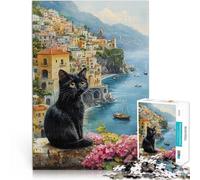 Rompecabezas de 1000 Piezas para Adultos Gato Negro Junto al mar Juegos Divertidos para la Familia Mejorar el Amor Entre Parejas 38x26cm