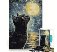Rompecabezas de 1000 Piezas para Adultos Gato Negro Mirando a la Luna,diseño de Bordes, Juego de ingenio,Regalo Ideal para Pasar un rato Agradable,Regalo Divertido de Navidad (38x52cm)