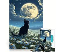 Rompecabezas de 1000 Piezas para Adultos Gato Negro Mirando a la Luna Piezas de Corte Limpio Juego de Habilidad Mental Momento de relajación Diversión Escena navideña Arte (38x26cm)