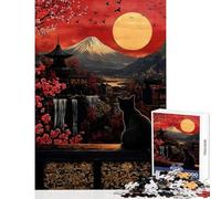 Rompecabezas de 1000 Piezas para Adultos Gato Negro Monte Fuji Juego práctico de Corte de precisión Juguete Educativo Desafío Educativo (38x26cm)