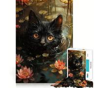 Rompecabezas de 1000 Piezas para Adultos Gato Negro Nadando,Juego Divertido Que estimula la lógica y el Pensamiento,Ideal para el Tiempo Libre y para Disfrutar de una Escena navideña 38x52cm