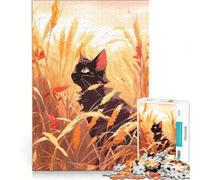 Rompecabezas de 1000 Piezas para Adultos: Gato Negro Sentado en un Campo de Trigo, Juguete Decorativo para la Pared, Ideal para la interacción Entre Padres e Hijos, Perfecto como Regalo 38x52cm